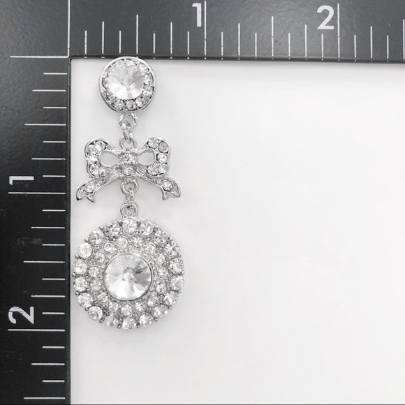 Clear Rhinestones Silver Unique Bow Tie Disk Fancy Formal Post Drop Earrings - Picture 2 of 3
